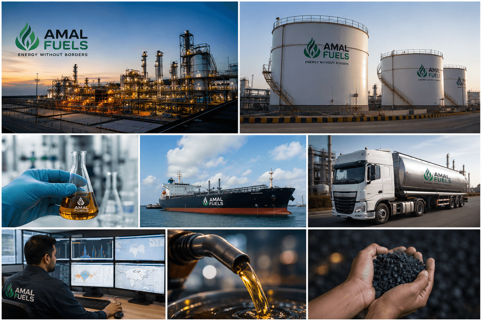 Amal Fuels operations including refinery storage, quality testing, shipping, delivery, and coal handling